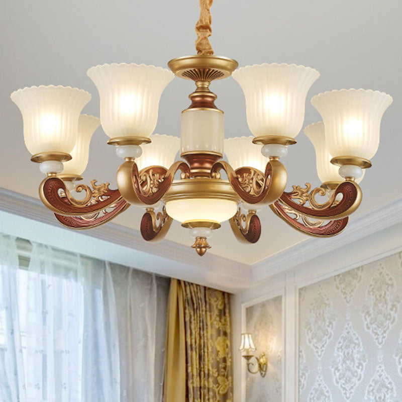 Gold Chandelier with Frosted Ribbed Glass Shade for Dining Room Pendant Lighting