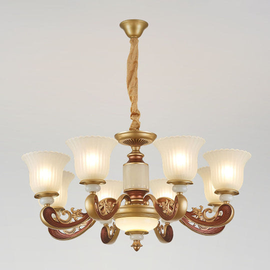 Gold Chandelier with Frosted Ribbed Glass Shade for Dining Room Pendant Lighting