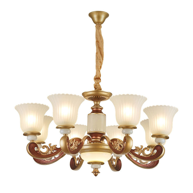 Gold Chandelier with Frosted Ribbed Glass Shade for Dining Room Pendant Lighting