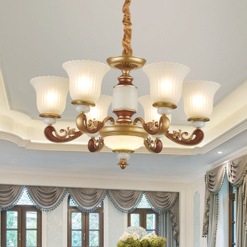 Gold Chandelier with Frosted Ribbed Glass Shade for Dining Room Pendant Lighting