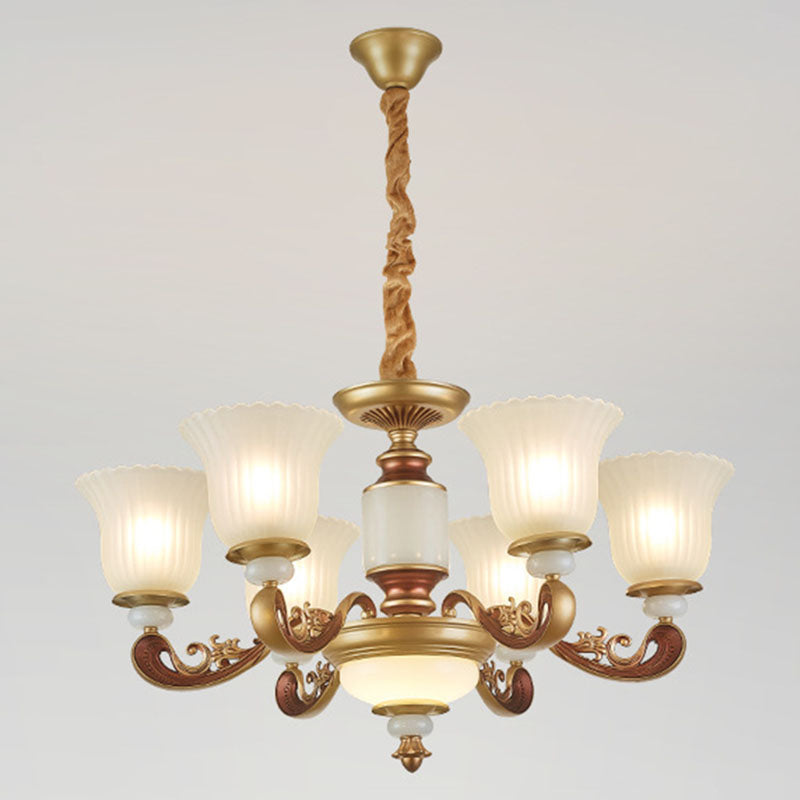 Gold Chandelier With Frosted Ribbed Glass Shade For Dining Room Pendant Lighting