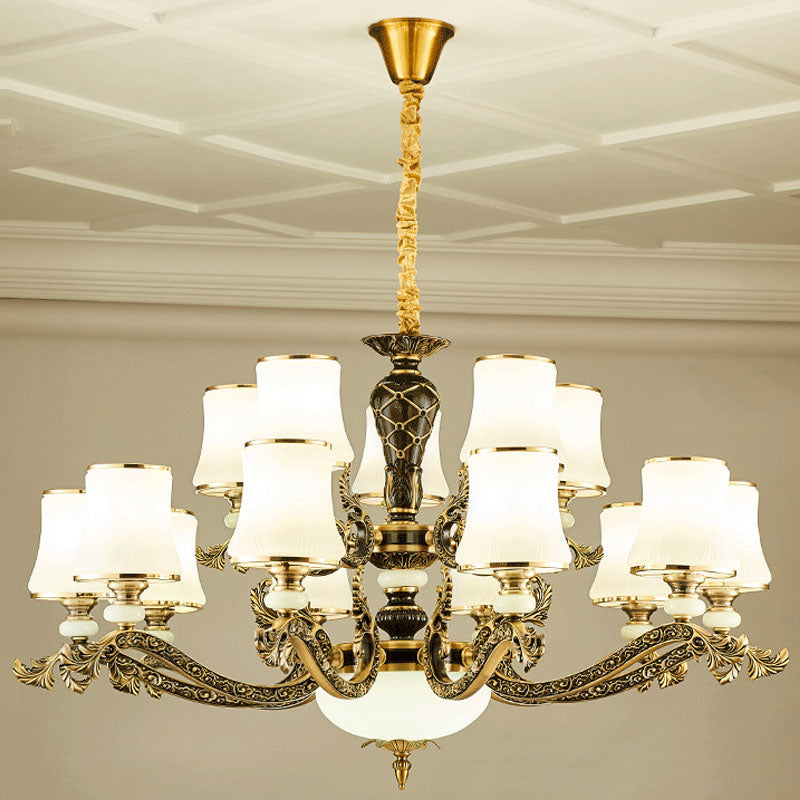 Modern Brass Tapered Chandelier with White Glass Pendant Lighting for Living Room