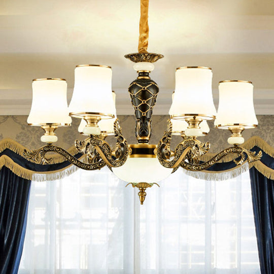 Modern Brass Tapered Chandelier with White Glass Pendant Lighting for Living Room