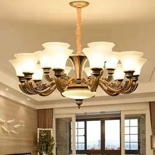 Modern Gold Panel Bell Pendant Chandelier with Opaline Frosted Glass Shade