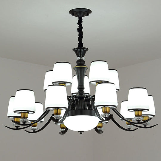 Modern Opal Glass Drum Pendant Chandelier for Living Room in Black