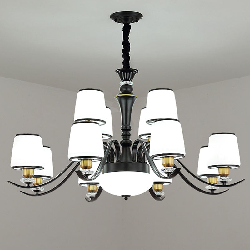 Opal Glass Pendant Chandelier In Black - Modernist Drum Living Room Hanging Lamp 12 /