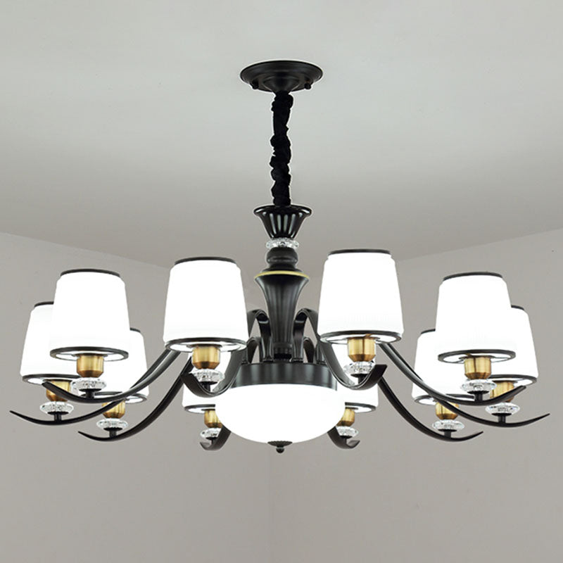 Modern Opal Glass Drum Pendant Chandelier for Living Room in Black