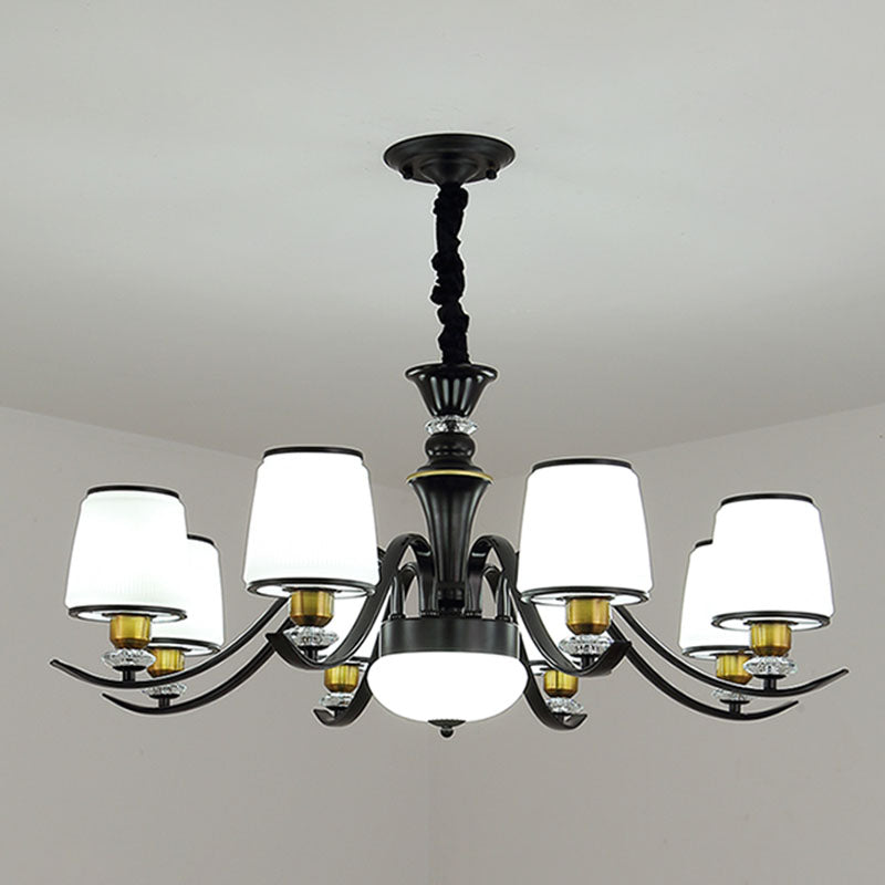 Modern Opal Glass Drum Pendant Chandelier for Living Room in Black