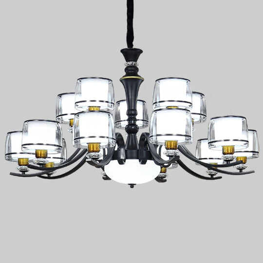 Modern Dual Cylinder Pendant Chandelier with Clear and White Glass for Living Room