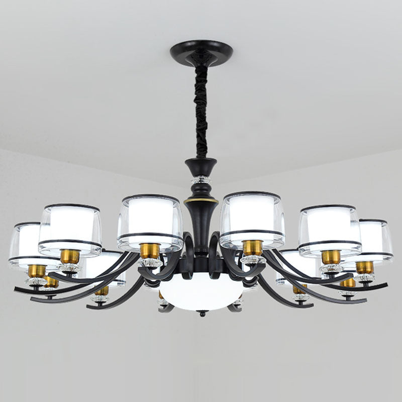 Modern Dual Cylinder Pendant Light Fixture - Clear & White Glass With Black Chandelier For Living