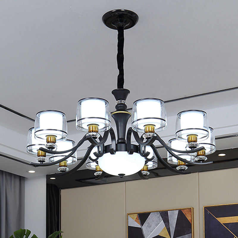 Modern Dual Cylinder Pendant Light Fixture - Clear & White Glass With Black Chandelier For Living