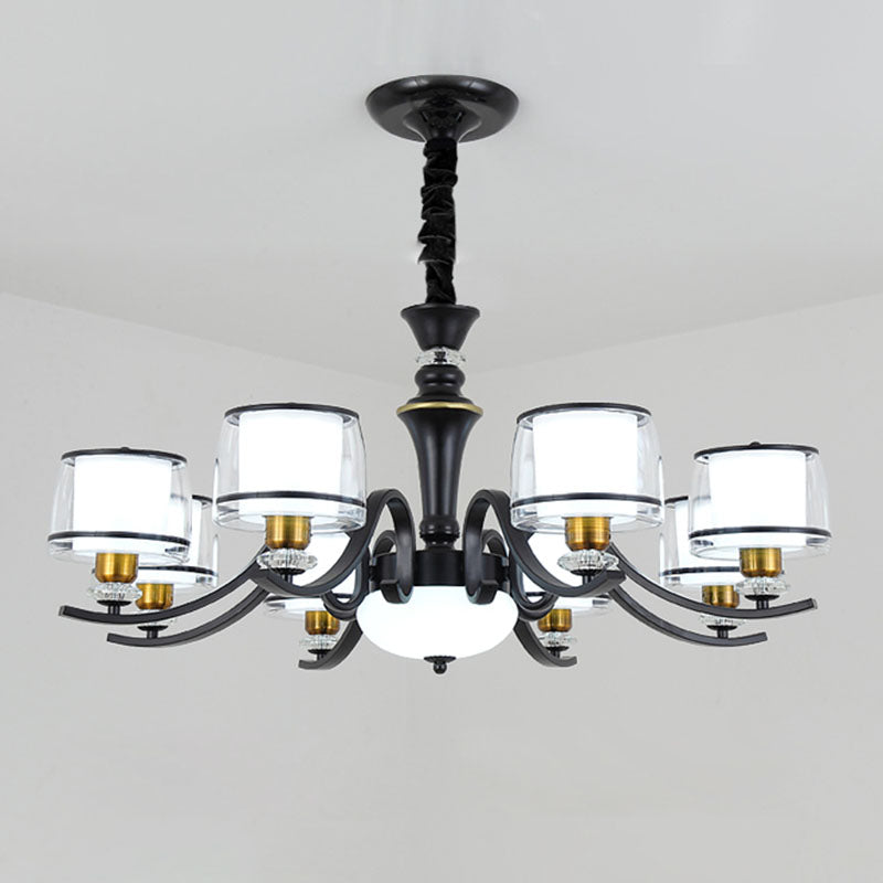 Modern Dual Cylinder Pendant Light Fixture - Clear & White Glass With Black Chandelier For Living