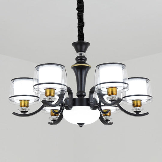 Modern Dual Cylinder Pendant Light Fixture - Clear & White Glass With Black Chandelier For Living