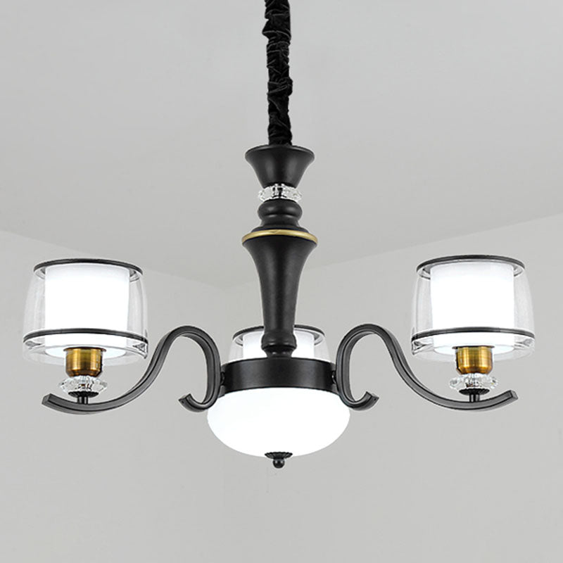 Modern Dual Cylinder Pendant Light Fixture - Clear & White Glass With Black Chandelier For Living