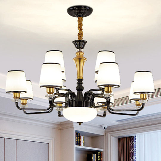 Contemporary Black Chandelier Light Fixture for Dining Room - White Glass Barrel Drop Lamp