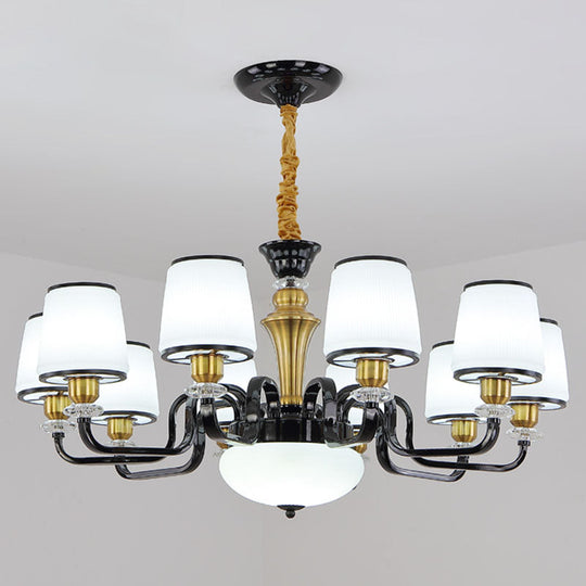 Contemporary Black Chandelier Light Fixture for Dining Room - White Glass Barrel Drop Lamp