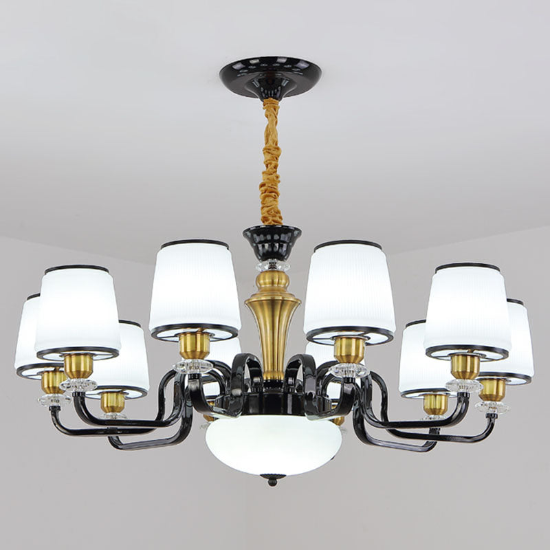 Contemporary Black Chandelier For Dining Room With White Glass Barrel Drops