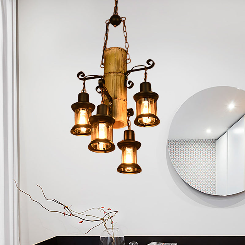 Coastal Black Pendant Chandelier with Clear Glass/Marble and Bamboo Shelf