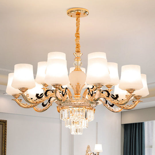 Gold Tapered Chandelier Lamp: Elegant Pendulum Light with White Frosted Glass Shade for Living Room