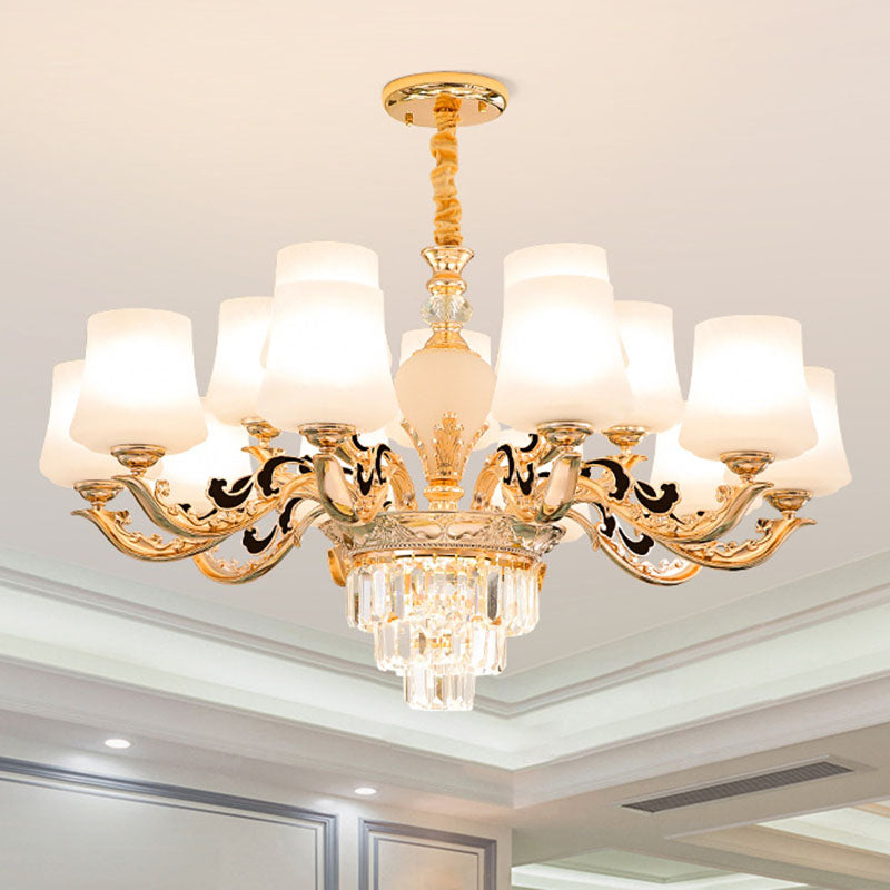 Gold Tapered Chandelier Lamp: Elegant Pendulum Light with White Frosted Glass Shade for Living Room