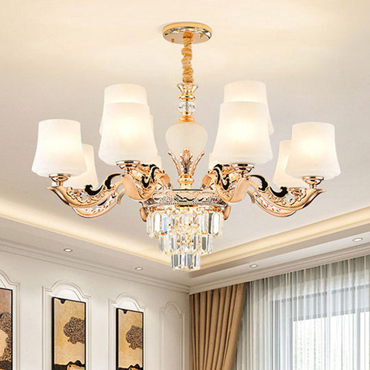 Gold Tapered Chandelier Lamp: Elegant Pendulum Light with White Frosted Glass Shade for Living Room