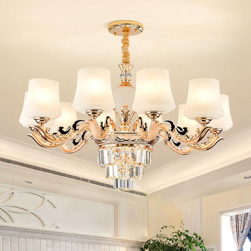 Gold Tapered Chandelier Lamp: Elegant Pendulum Light with White Frosted Glass Shade for Living Room