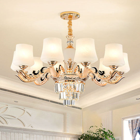 Gold Tapered Chandelier Lamp: Elegant Pendulum Light with White Frosted Glass Shade for Living Room