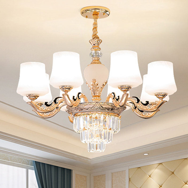 Gold Tapered Chandelier Lamp: Elegant Pendulum Light with White Frosted Glass Shade for Living Room