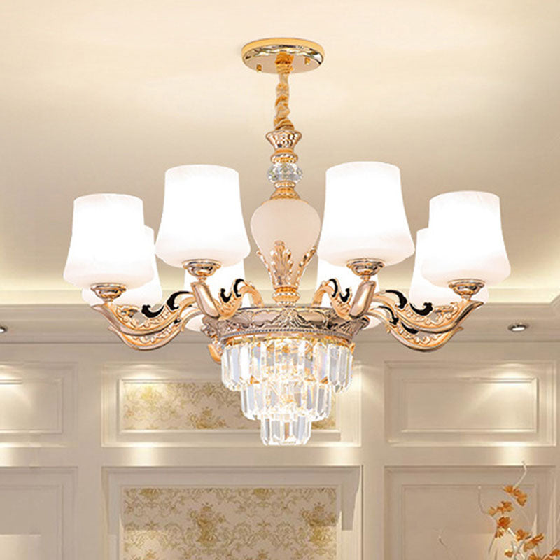 Gold Tapered Chandelier Lamp: Elegant Pendulum Light with White Frosted Glass Shade for Living Room