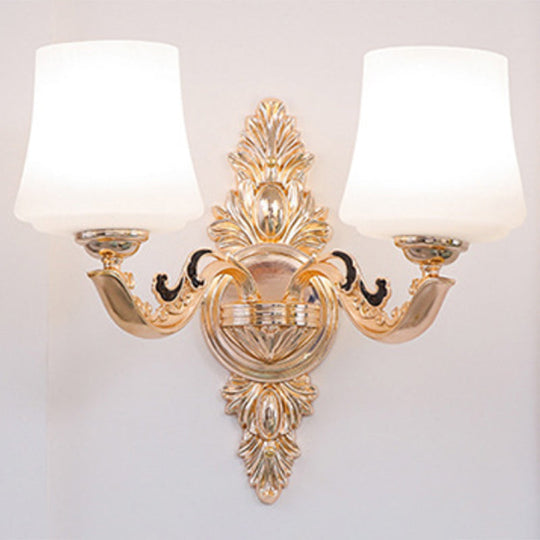 Gold Tapered Chandelier Lamp: Elegant Pendulum Light with White Frosted Glass Shade for Living Room