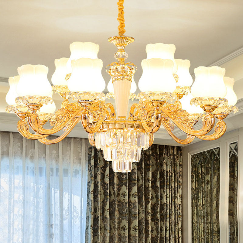 Contemporary Gold Bud Drop Lamp with Milky Glass - Dining Room Chandelier