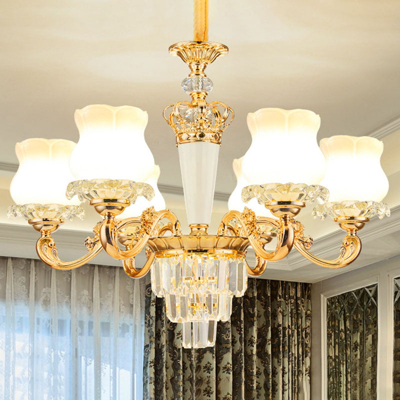 Contemporary Gold Bud Drop Lamp with Milky Glass - Dining Room Chandelier