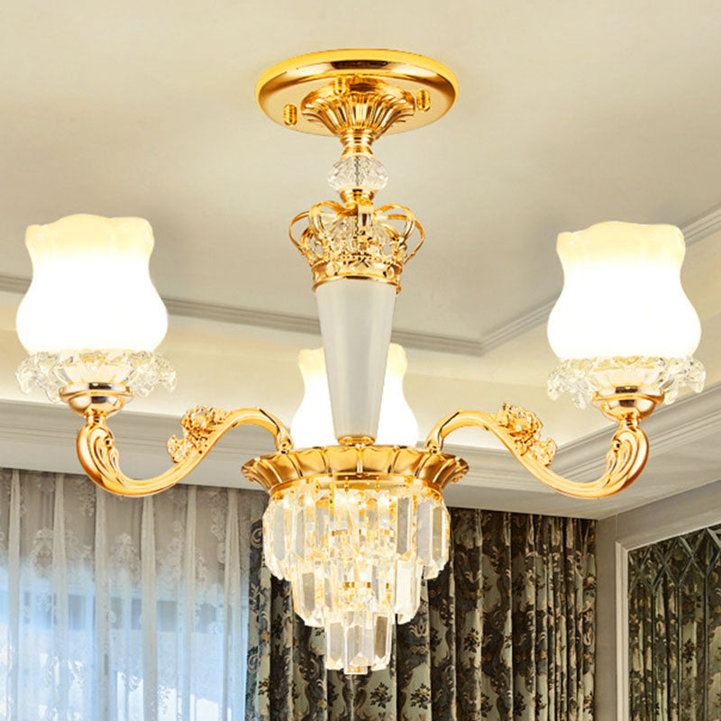 Contemporary Gold Bud Drop Lamp with Milky Glass - Dining Room Chandelier