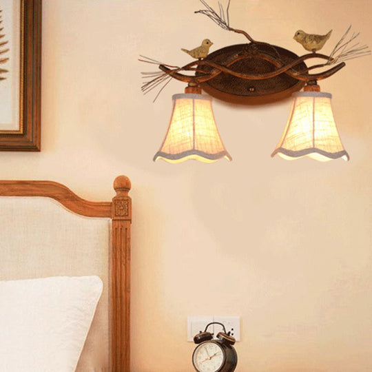 Traditional Metal Bedroom Sconce Lamp With Rust Scalloped Design White Fabric Shade And 2/3 Lights 2