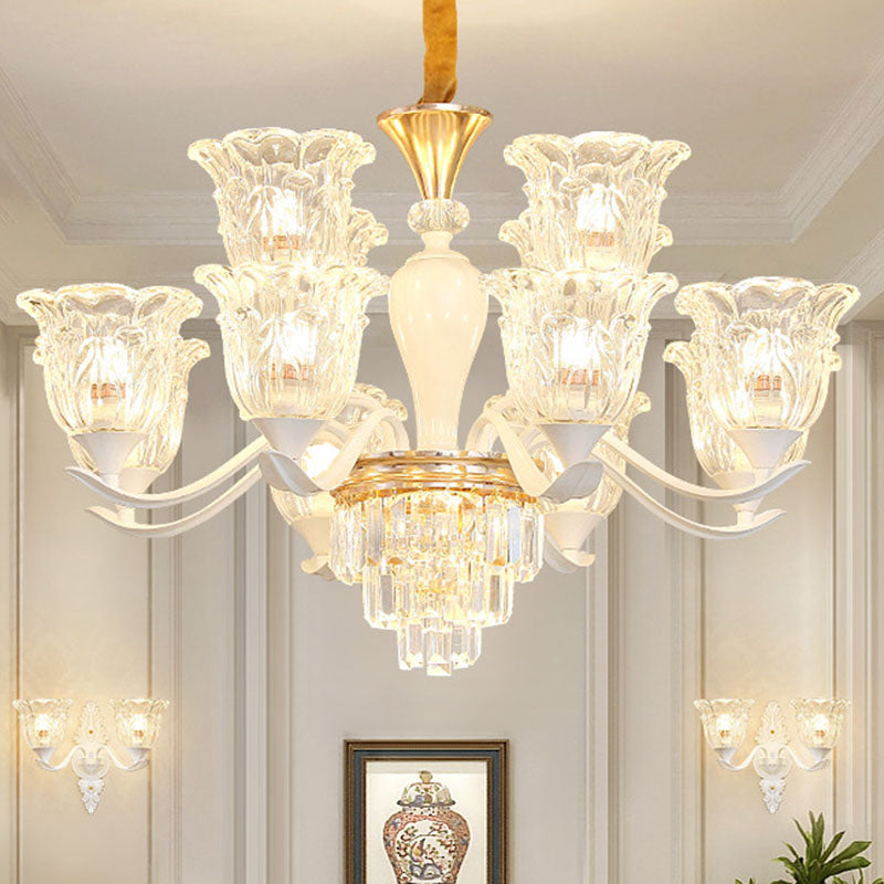 Sleek White Pendant Light Kit: Clear Crystal Flower Ceiling Chandelier for Dining Room