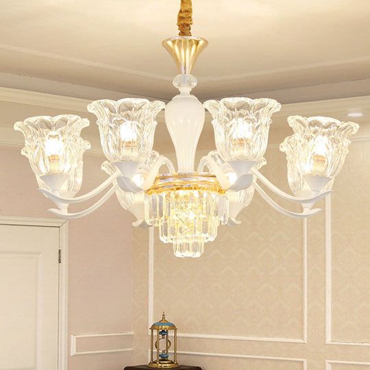 Sleek White Pendant Light Kit: Clear Crystal Flower Ceiling Chandelier for Dining Room