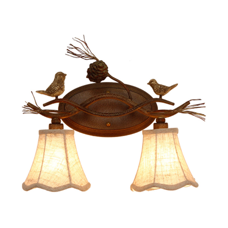 Traditional Metal Bedroom Sconce Lamp With Rust Scalloped Design White Fabric Shade And 2/3 Lights