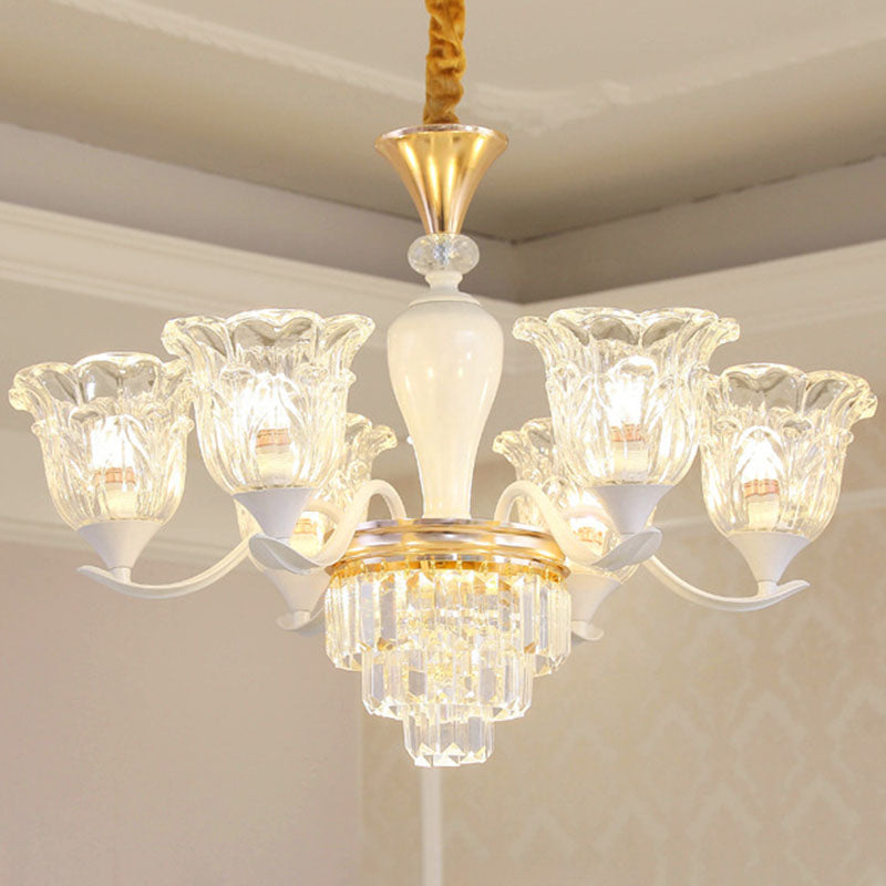 Sleek White Pendant Light Kit: Clear Crystal Flower Ceiling Chandelier for Dining Room