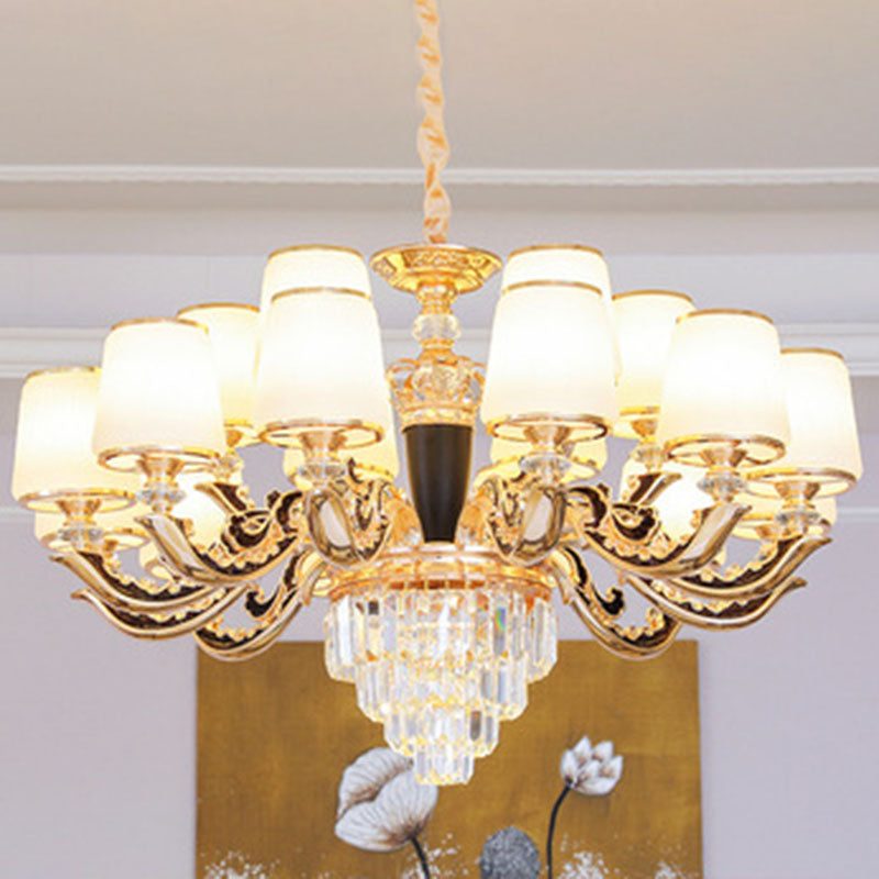 Modernist Opal Glass Gold Cone Chandelier with Crystal Accents - Stylish Pendulum Light