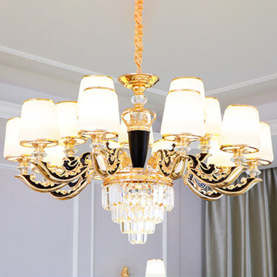 Modernist Opal Glass Gold Cone Chandelier with Crystal Accents - Stylish Pendulum Light