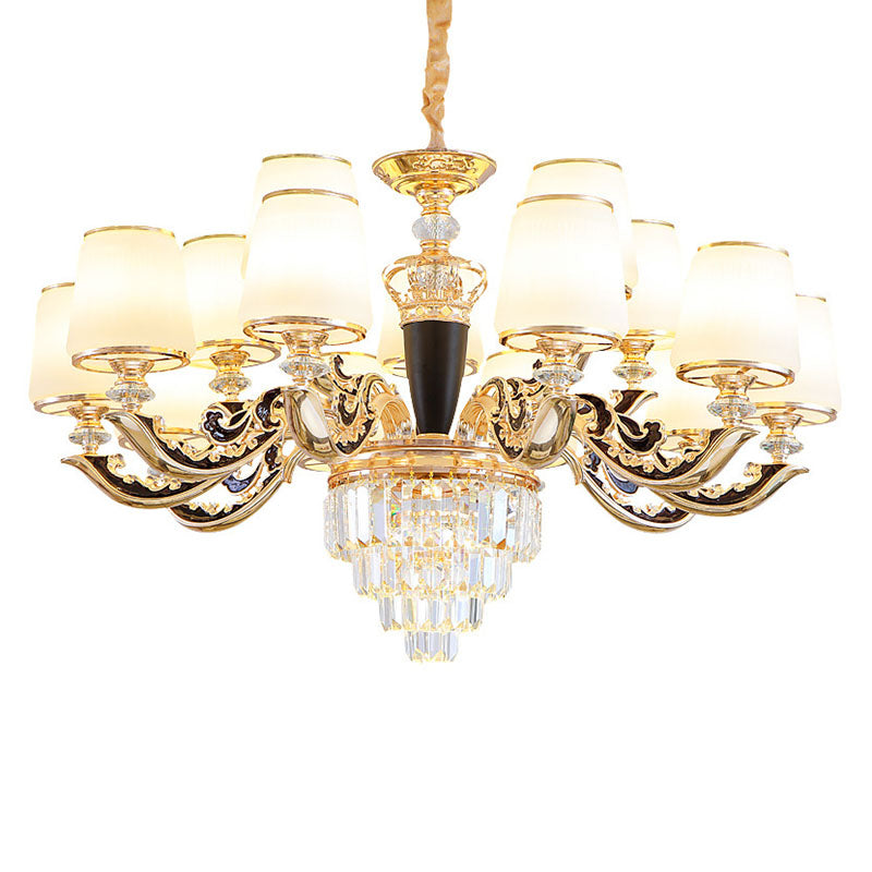 Modern Opal Glass Cone Chandelier With Gold Finish And Crystal Accents