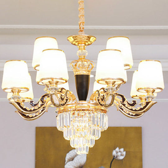 Modernist Opal Glass Gold Cone Chandelier with Crystal Accents - Stylish Pendulum Light