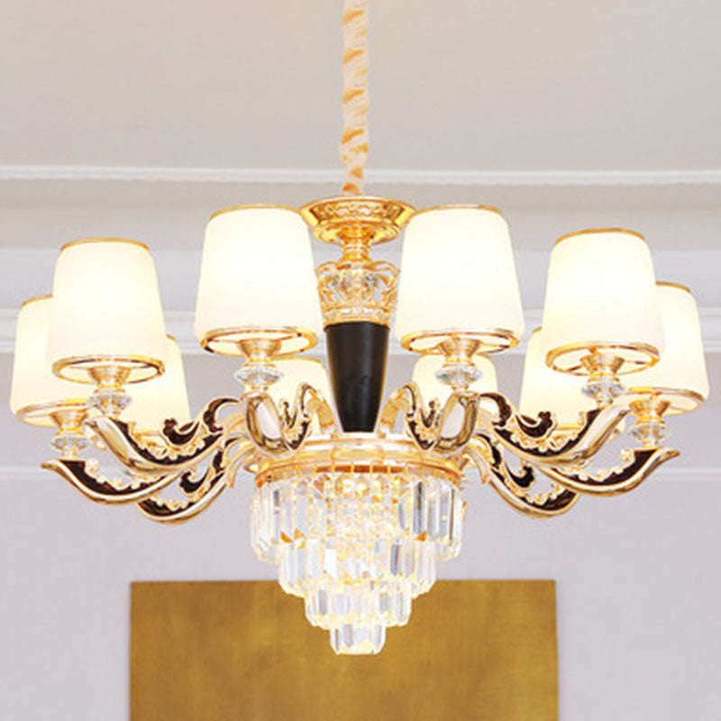 Modernist Opal Glass Gold Cone Chandelier with Crystal Accents - Stylish Pendulum Light