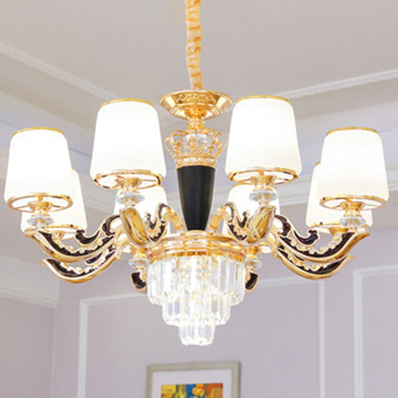 Modernist Opal Glass Gold Cone Chandelier with Crystal Accents - Stylish Pendulum Light