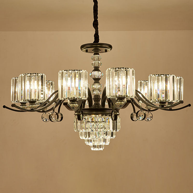 Modernist Black Cylinder Pendant Chandelier With Clear Crystal - Stylish Dining Room Ceiling Light