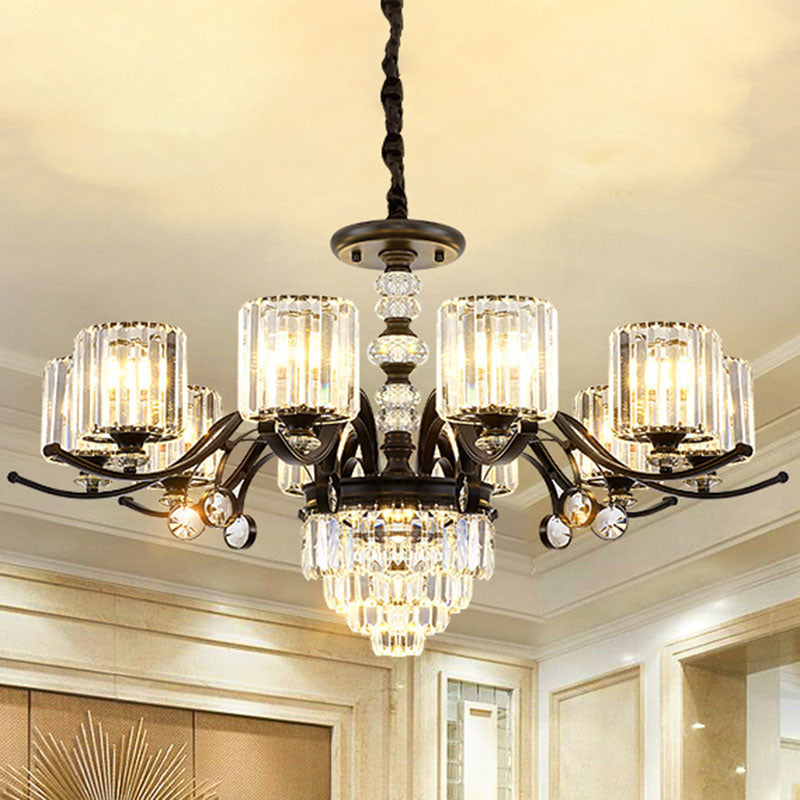 Modernist Black Cylinder Pendant Chandelier With Clear Crystal - Stylish Dining Room Ceiling Light