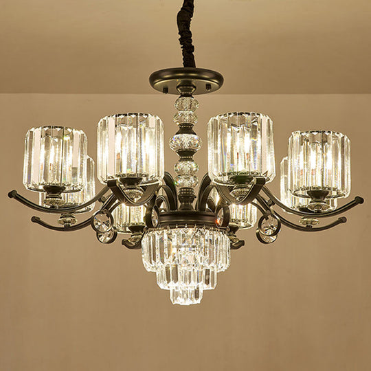 Modernist Black Cylinder Pendant Chandelier With Clear Crystal - Stylish Dining Room Ceiling Light