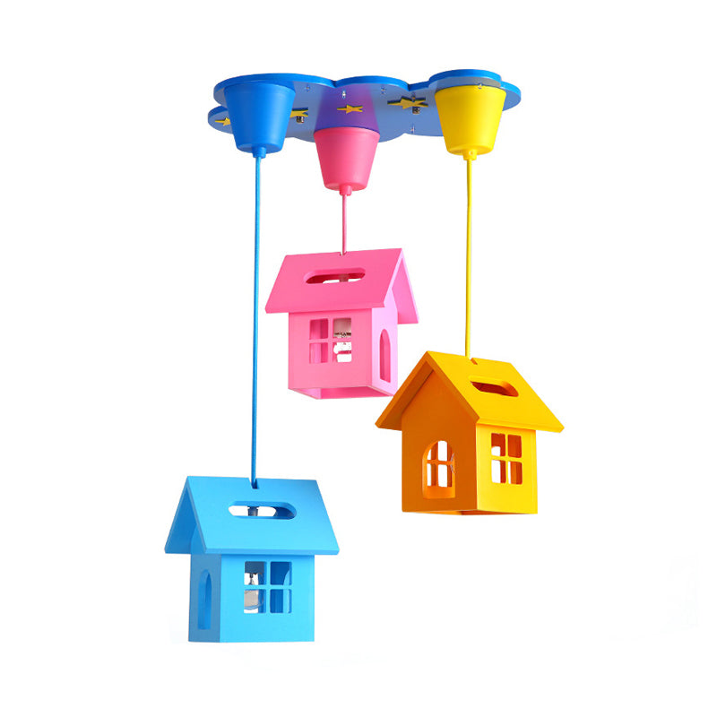 Wooden House Shaped 3-Light Blue Ceiling Pendant - Kids Multi Hanging Light Fixture For Bedroom