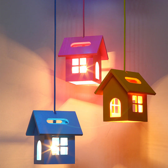 Wooden House Shaped 3-Light Blue Ceiling Pendant - Kids Multi Hanging Light Fixture For Bedroom