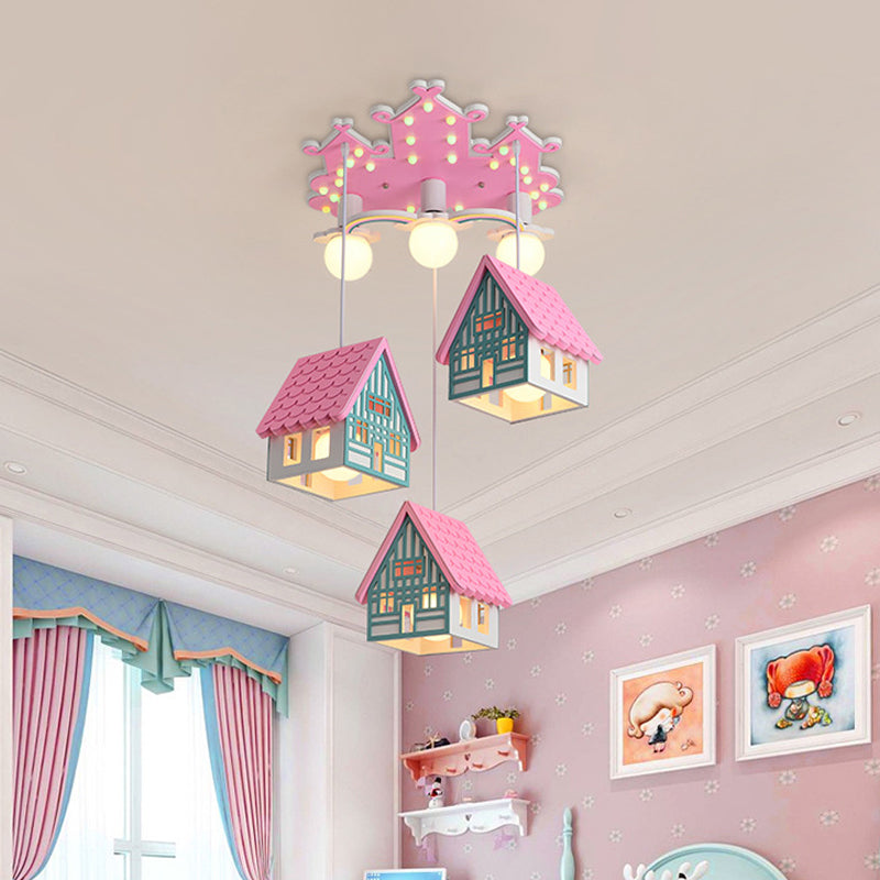 Wooden House Nursery Pendant Lamp - Creative Chandelier With 6 Bulbs For Ceiling Lighting